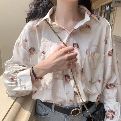 Harajuku Angel Print Womens Shirt Vintage Elegant Blouse Women Autumn 2021 Lantern Sleeve Female Clothes Loose BF Shirt