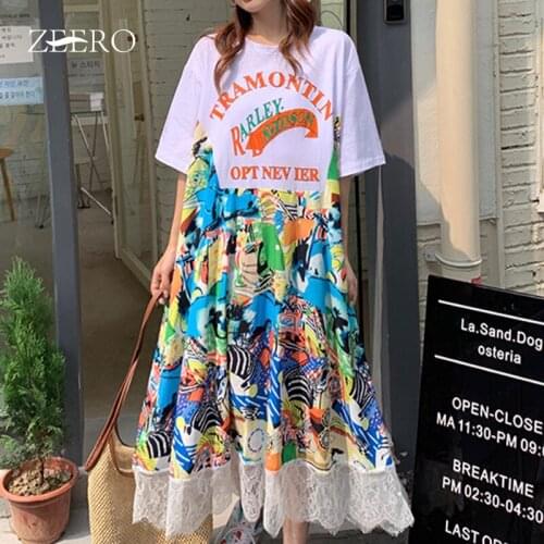 Female Korean White Casual Print Splicing Lace Loose Dresses for Women Summer Midi A-Line Plus Size Dress Vestido De Mujer 3XL