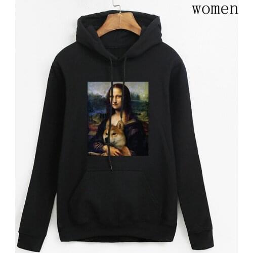 Mona Lisa And Dog Hooded Ladies Long Sleeve Harajuku Sweatshirts Standard Tops Clothes Womans Cotton Polyester 2020 Pullovers