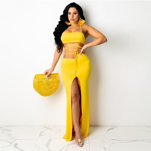 Irregular Shape Women Two Piece Matching Set Summer Clothes Spaghetti Strap Backless Crop Top+front High Split Maxi Skirt Suit