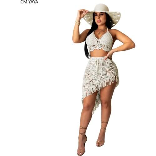 CM.YAYA Women Set crochet Sexy Beach Tracksuits Sportswear Crop Tops Irregular Midi Skirts Suit Two Piece Set Street 2Pcs Outfit