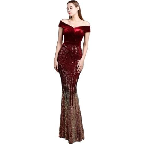 Beauty-Emily Long Mermaid Evening Dresses Women Elegant Off The Shoulder Velvet Sequins Party Night Evening Gowns 2021