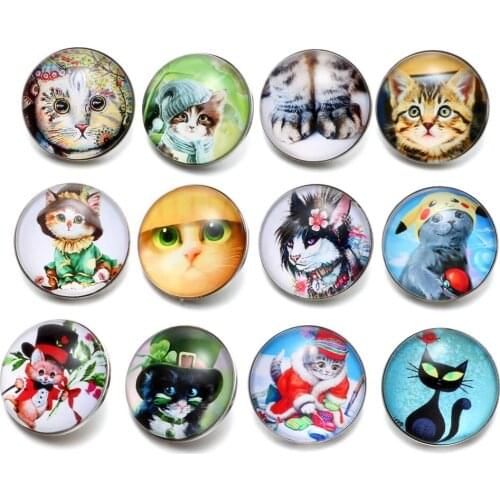 12pcs/Lot Cute Cat Pattern Glass Charm 18mm Snap Button Jewelry For 18mm Snaps Bracelet Snap Jewelry KZ0503