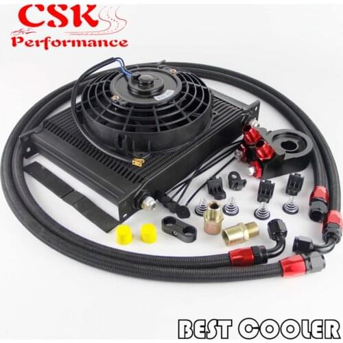30 Rows AN8 Oil Cooler +7" Electric Fan + Filter Adapter Kit BLACK