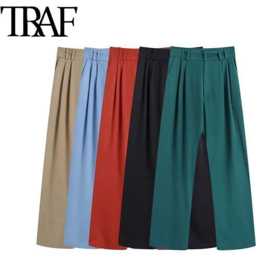 TRAF Women Fashion Side Pockets Darts Office Wear Straight Pants Vintage High Waist Zipper Fly Female Trousers Mujer