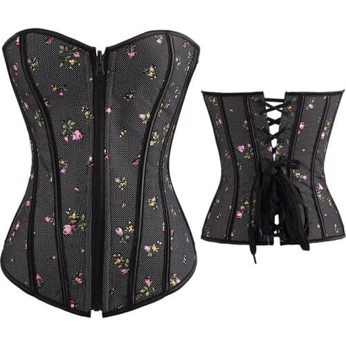 Black Floral Print Denim Satin Zipper Overbust Corsets And Bustiers Burlesque Waist Trainer Control Sexy Steampunk Corset Gothic