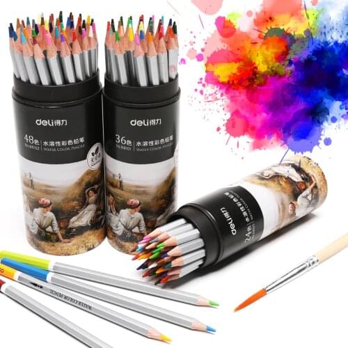 Deli 24/36/48 Colors Watercolor Color Pencil Set Cylinder Wood Colour Drawing Colored Pencils Rainbow School Crayon De Couleur