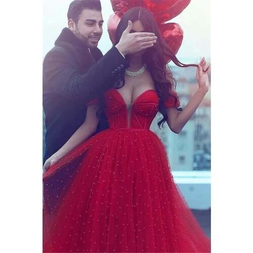 2021 Long Prom A-line Red Beading Prom Dresses Pearls Crystals Saudi Arabia Evening Gowns Party Dresses Custom Make Dresses