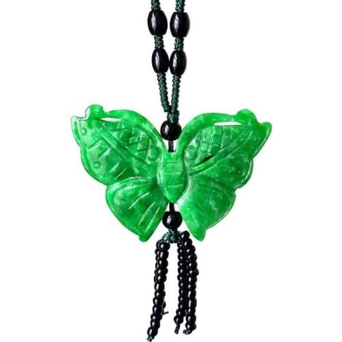 Natural Burma Jade Emerald Butterfly Pendant Necklace Sweater Chain Jewelry Gift Wholesale