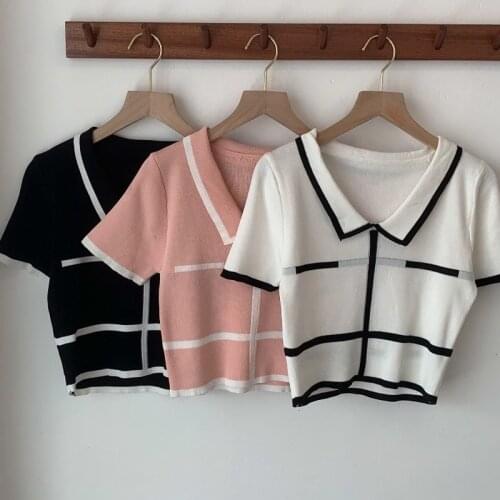 Woman TShirts Short Pullover Sweater Summer Retro Lapel Contrast Color Women Knitted Slim T-shirt Crop Top Mujer Camisetas Girls