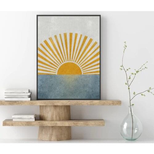 Sunburst Illustration Mid Century Canvas Poster Sun and Sea Landscape Painting Prints Boho Wall Art Pictures Bedroom Decoration