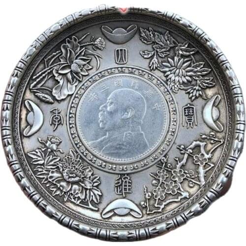 China old Carved Tibetan silver writing-brush washer ornaments plates