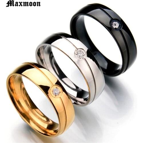 Maxmoon New Fashion 316L Stainless Steel Rings Shining Crystal Men Women Wedding Engagement Rings 3 Colors Available