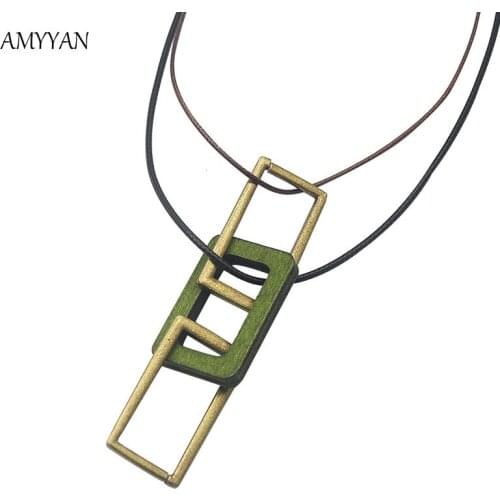 Fashion Winter Sweater Choker 72cm Wood Rope Long Chain Necklace with Geometric Pendant Necklace Women Jewelry