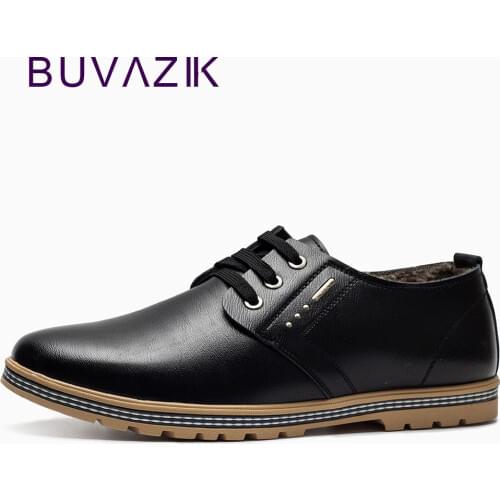BUVAZIK 2018 men casual winter shoes fluff warm and comfortable genuine leather lace-up male shoes black brown fashion