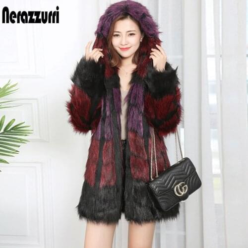 Nerazzurri furry faux fur coat with hood long sleeve shaggy warm fluffy jacket plus size women winter coats with fur 2020 7xl