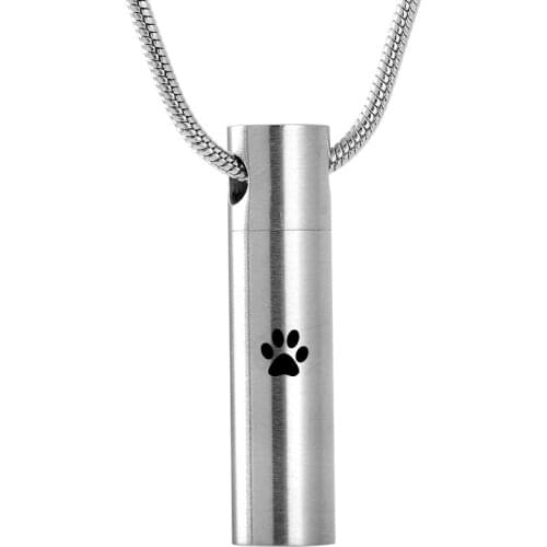 LHP199 Stainless Steel Cylinder Urn Pendant Necklaces for Ashes Dog Pet Paw Print-Cremation Jewelry Keepsake Memorial