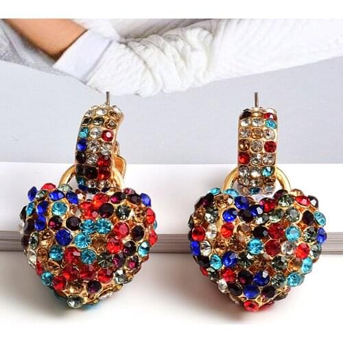 New Trend Womens Shiny Elegant Love Heart Rhinestone Multicolored Drop Earrings Dinner Party Fashion Wedding Jewelry