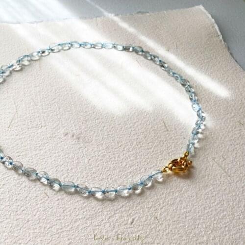 Pure romantic style blue transparent crystal beads stainless steel round buckle necklace for women fine jewelry accessories gift