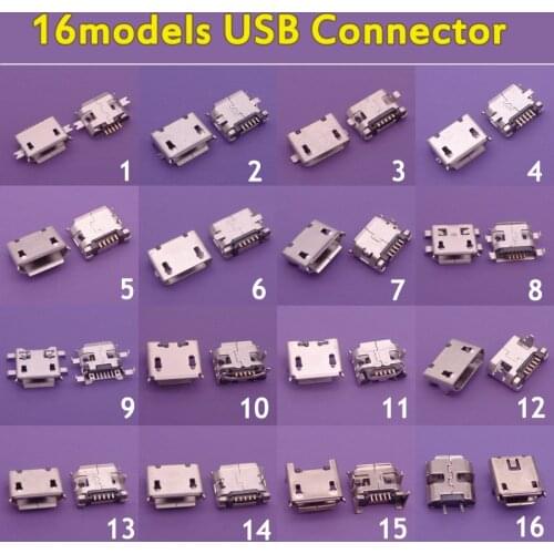 16models 16pcs - 80pcs Mix SMD DIP V8 Port Charging Data Plug Micro USB Jack 5P 5pin USB Charging Socket Connector