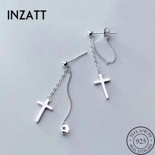 INZATT Real 925 Sterling Silver Tassel Cross Drop Earrings For Fashion Women Party Minimalist Fine Jewelry Bohemian Accessories