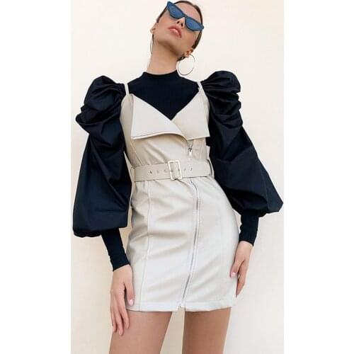 Spring Autumn Women Retro Long Puff Sleeve Blouse Shirts Fashion Female Blouses Black White Solid Tops Clothes