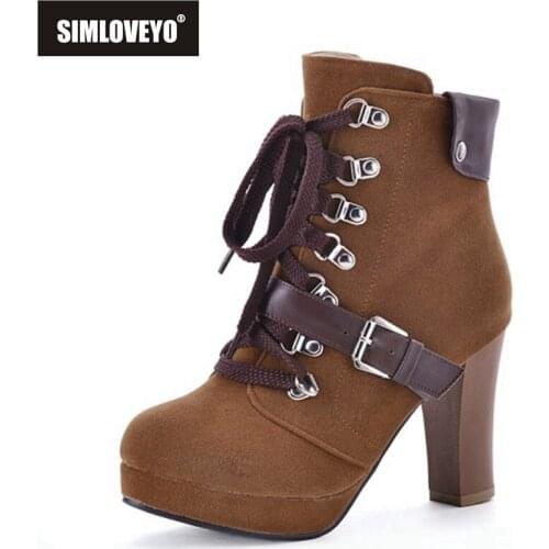 SIMLOVEYO 2021 Ankle Boots Belt Buckle Flock Zip Lace Up Patchwork Platform Nightclub Block Heel Blue Brown Green Black A4518