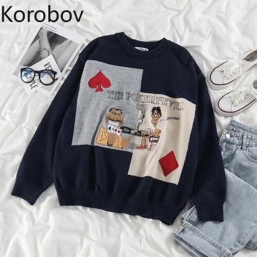 Korobov Autumn Winter New Women Sweaters Korean Harajuku Cartoon Embroidery Female Pullovers Vintage Funny Sueter Mujer