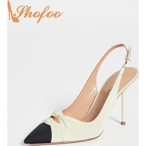 Black Beige Slingback Pumps High Thin Heels Buckle Strap Women Pointed Toe Big Size 12 16 Lady Fashion Knot Accents Shoes Shofoo