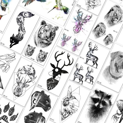 Cool Tiger Face Moose Horn Mountain Temporary Tattoos For Men Children Waterproof Black Tattoo Paper Sticker Girl Boy Body Tatoo