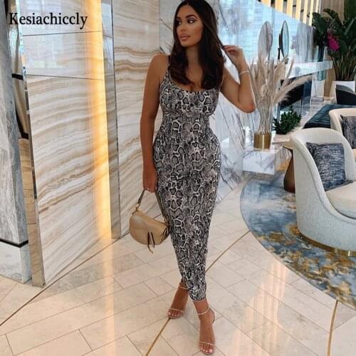 Kesiachiccly Holiday snake print women strap midi dress bodycon sexy backless party 2021 summer women clothes clubwear outfit