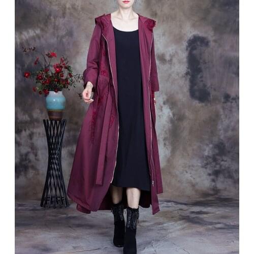 Women Spring Autumn Trench Coat Ladies Embroidered Hooded Long Coat Topcoat Female 2021 Coat