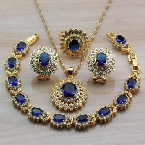 African Gold Yellow Wedding Jewelry Sets For Women Fashion Costume Blue Cubic Zirconia Bracelet And Ring Bridal Sets