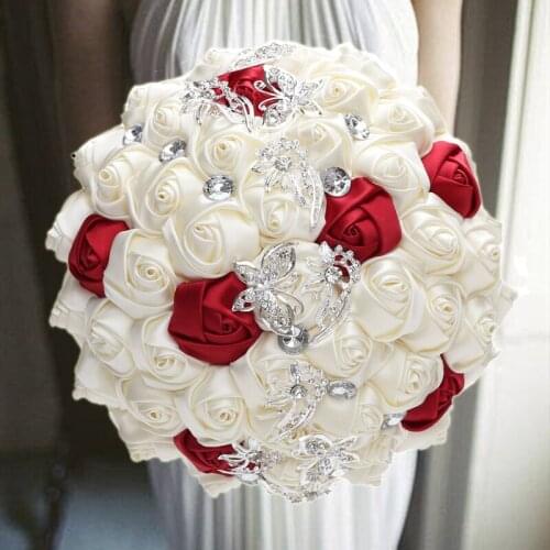 1pc/lot Cream Bridal Wedding Ribbon Bouquets With Crystal Brooch For Wedding Party