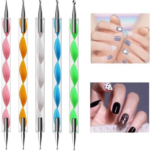 5Pcs Dual-ended Dotting Tool Nail Art Acrylic Handle Metal Head Painting Pen Tool Nail Art Dot Pencil 2 Way Colorful Rhinestone