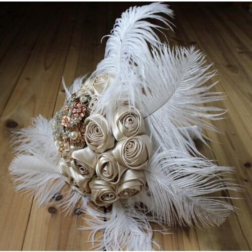 8-inch, custom champagne silk roses bridal bouquet, brooch bouquet white ostrich feather brides bouquet, wedding decor