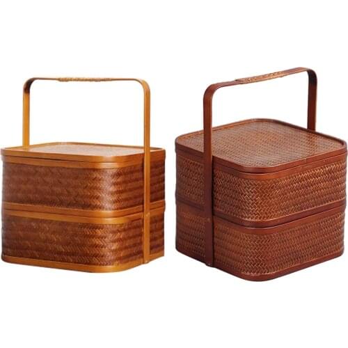 Antique Bamboo lunch box Square Double-layer Design Storage Pastries Picnic