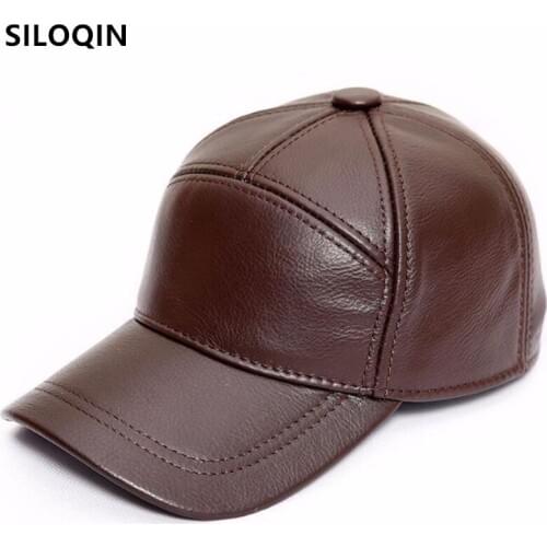 SILOQIN Snapback Cap Natural Genuine Leather Hat Autumn Winter Mens Cowhide Leather Baseball Cap Adjustable Size Men Brand Hat