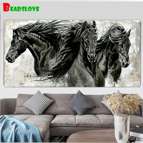 Large 5D Diamond Painting three black horses Diamond Embroidery sale square round drill DIY Mosaic diamond picture anima