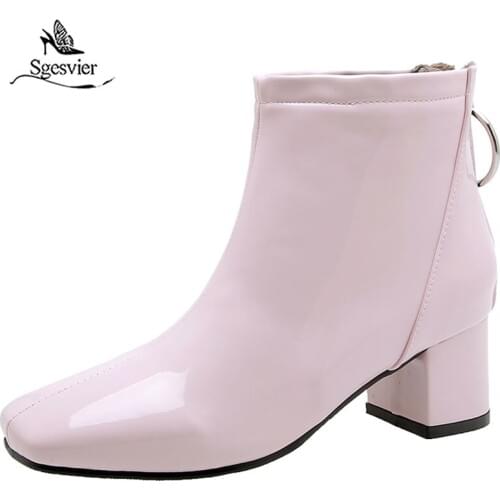 Sgesvier Patent Leather Yellow Shoes Women Square Toe Zipper Concise Fashion Ankle Boots Short Plush Party High Heel Boots G773