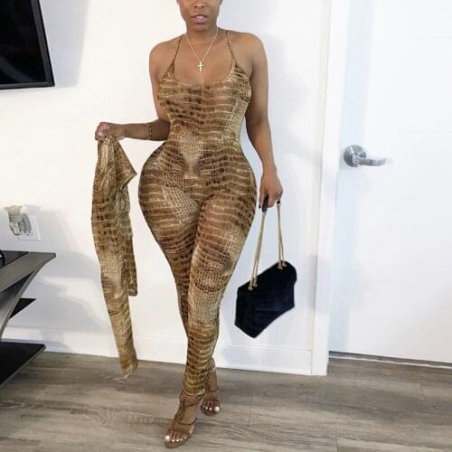 Women Night Party Clubwear 2 Piece Set Sexy Snake Print Spaghetti Strap Backless Hollow Out Skinny Jumpsuit Cape Coat