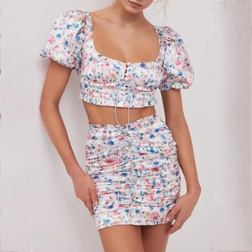 Foridol Button Print Floral Mini Skirt Sets Suits Women Two Pieces Dress Sets Beach Boho Summer Vintage Ruched Women Clothes