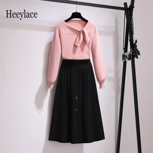 Two Peice Set For Women Korean Bow Neck Knitted Sweater And Skirt Set Fashion Office Ladies Knitting Set Elegant Ropa Femenina