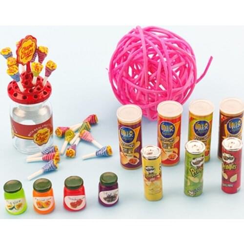 DollHouse Mini Food Play Mini Lollipop Jam Snack Potato Chip Bucket Model Suit for Furniture Decoration Toys