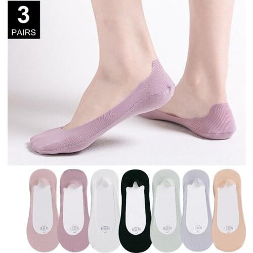 3 Pairs Invisible Boat Socks Ladies Solid Color Non-Slip Bottom Socks Ice Silk Thin Ribbed Sox 7 Colors