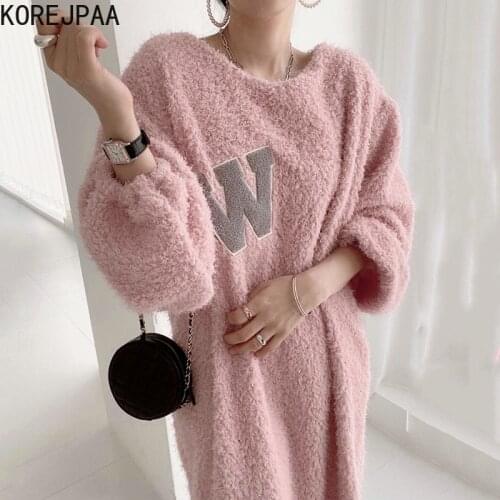 Korejpaa Women Dress 2021 Autumn Korea Sweet Temperament Ladies Round Neck Letter Patch Design Plush Feeling Loose Slit Vestidos