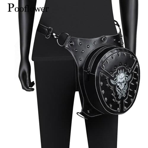 Pooflower Crossbody Bag for Women Men Punk Rivet Black PU Leather Moto Waist Bag Gothic Belt Pouch Leg Bum Bags Fanny Pack ZH156