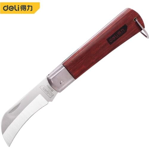 Deli Folding Knife Electrician Pocket Carry Knife Hardwood Handle Steel Bend Blade Cable Cutter Multifunction Utility Knife