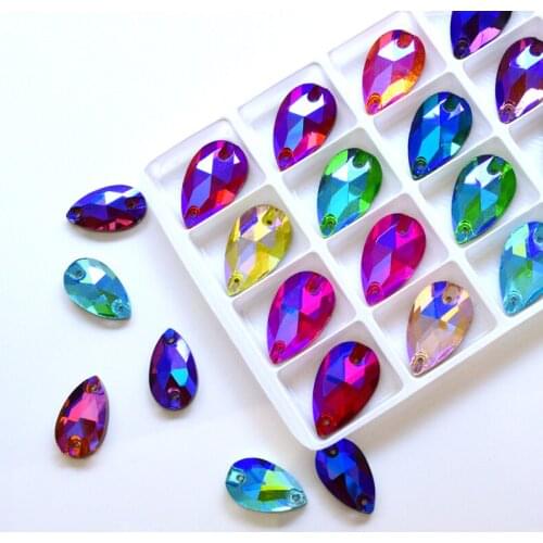 Rhinestones craft sew Color AB teardrops are sewn on rhinestones, crystals are sewn on rhinestones, 2 holes DIY clothing making