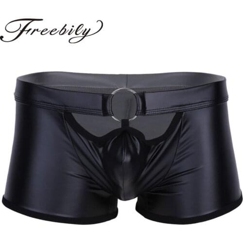 Mens Lingerie Sissy Panties Patent Leather Boxer Shorts Underwear Underpants with O-Ring Gay Mens Sissy Leopard Boxer Underwear